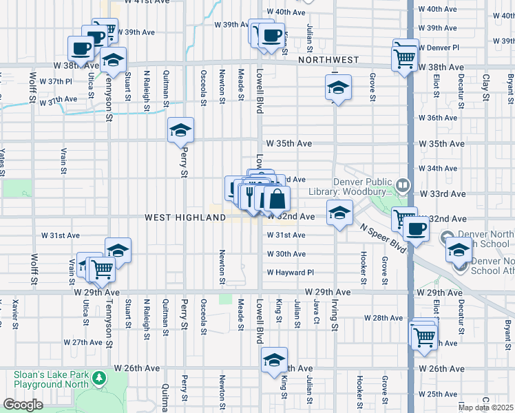 map of restaurants, bars, coffee shops, grocery stores, and more near in Denver