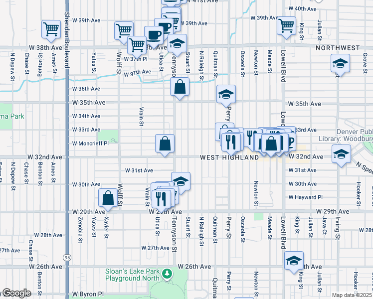map of restaurants, bars, coffee shops, grocery stores, and more near in Denver