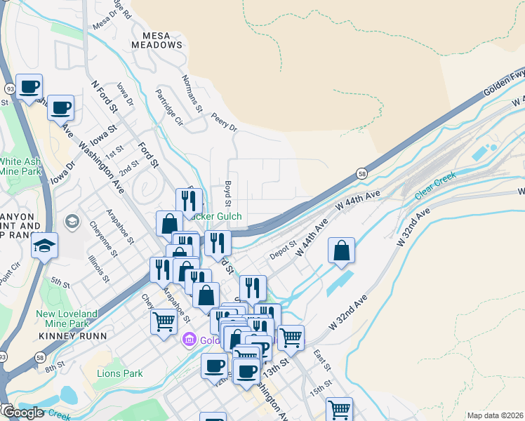 map of restaurants, bars, coffee shops, grocery stores, and more near 321 Sunshine Parkway in Golden