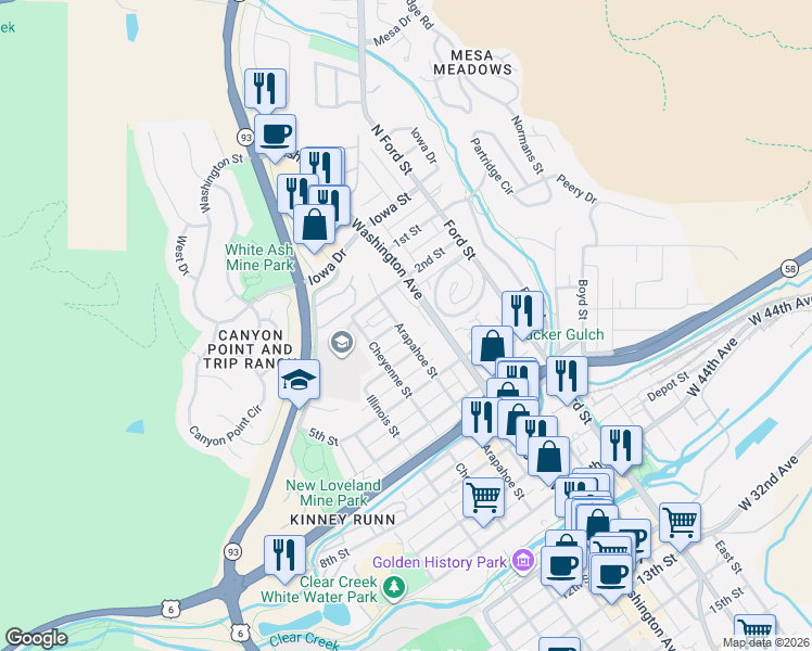 map of restaurants, bars, coffee shops, grocery stores, and more near 314 Arapahoe Street in Golden