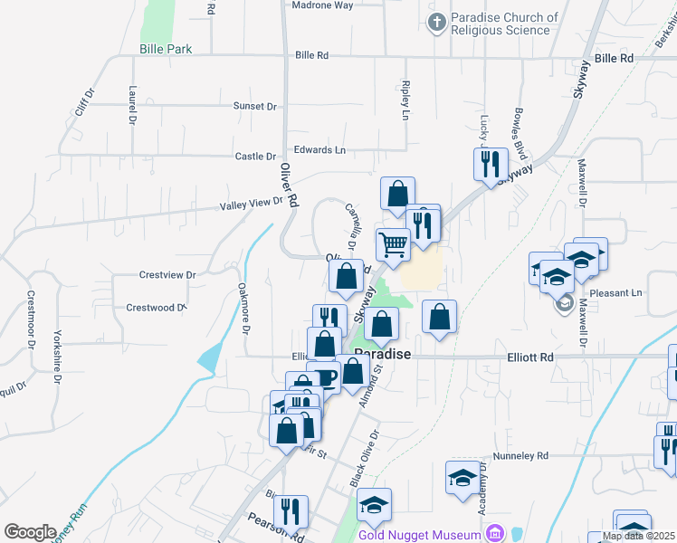 map of restaurants, bars, coffee shops, grocery stores, and more near 5948 Selby Lane in Paradise