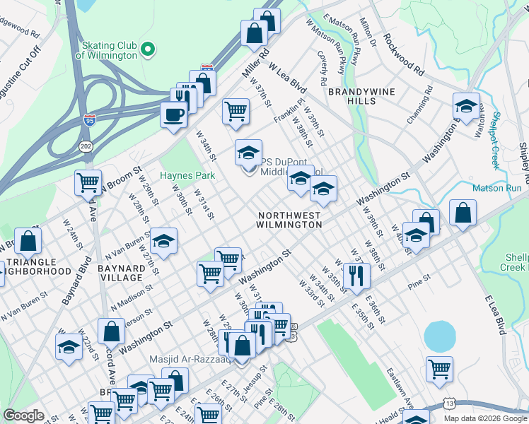map of restaurants, bars, coffee shops, grocery stores, and more near 3310 North Madison Street in Wilmington