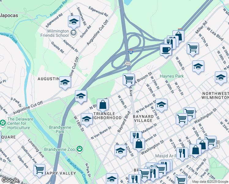 map of restaurants, bars, coffee shops, grocery stores, and more near 906 West 24th Street in Wilmington