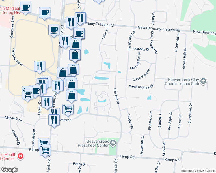 map of restaurants, bars, coffee shops, grocery stores, and more near 2494 Heather Glen Drive in Beavercreek