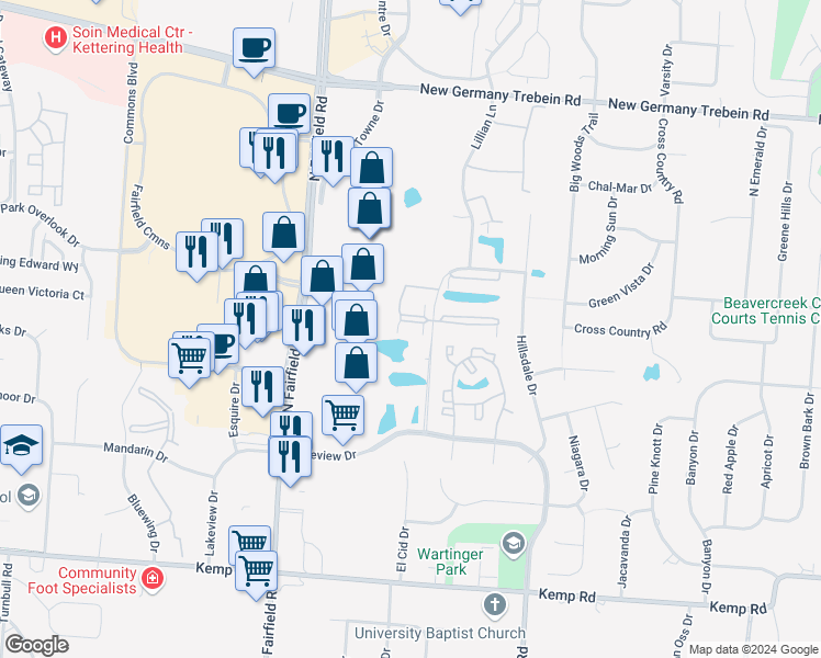 map of restaurants, bars, coffee shops, grocery stores, and more near 2485 Edgewater Drive in Beavercreek