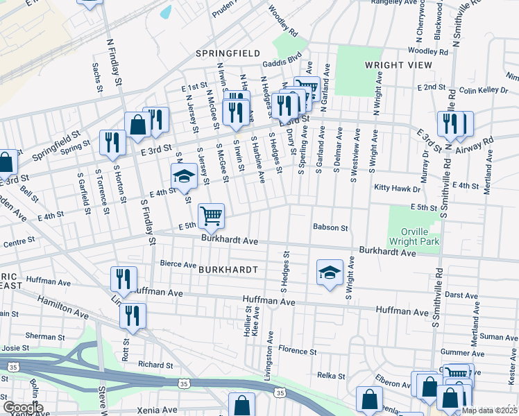 map of restaurants, bars, coffee shops, grocery stores, and more near 212 South Irwin Street in Dayton