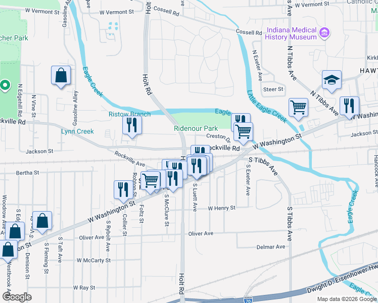 map of restaurants, bars, coffee shops, grocery stores, and more near 3752 West Washington Street in Indianapolis