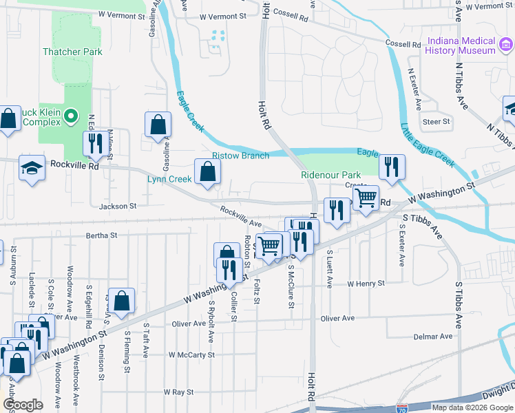 map of restaurants, bars, coffee shops, grocery stores, and more near 3912 Rockville Avenue in Indianapolis