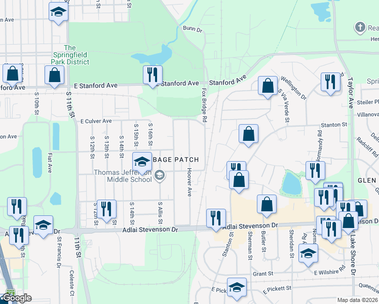 map of restaurants, bars, coffee shops, grocery stores, and more near 2913 Hoover Avenue in Springfield