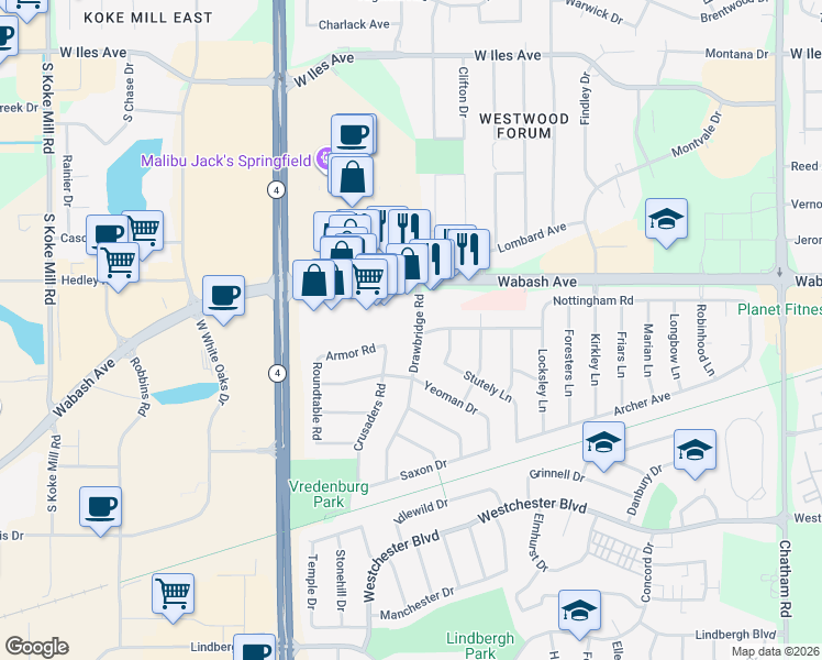 map of restaurants, bars, coffee shops, grocery stores, and more near 33 Drawbridge Road in Springfield