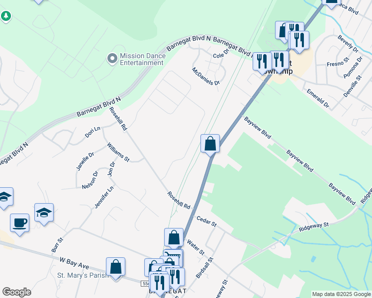 map of restaurants, bars, coffee shops, grocery stores, and more near 288 Hawthorne Lane in Barnegat Township