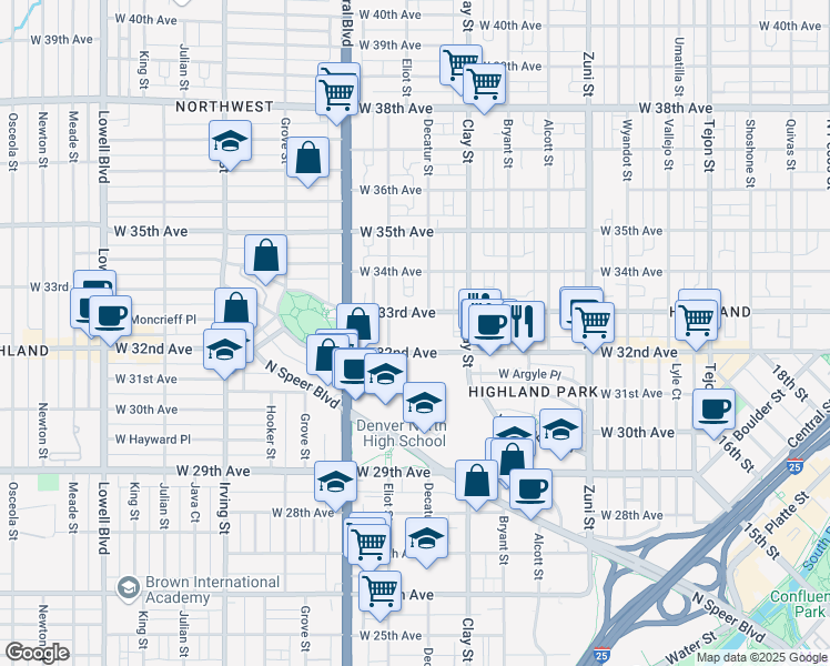 map of restaurants, bars, coffee shops, grocery stores, and more near 2825 West 32nd Avenue in Denver