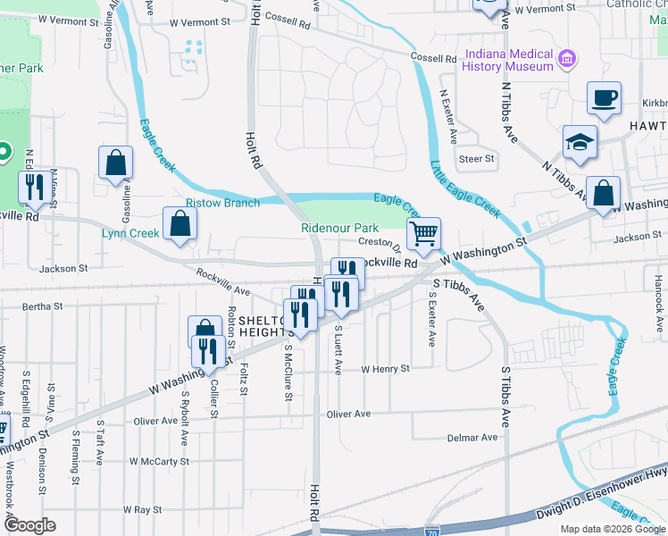 map of restaurants, bars, coffee shops, grocery stores, and more near 3752 West Washington Street in Indianapolis
