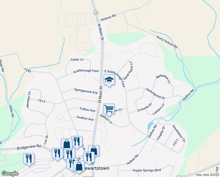 map of restaurants, bars, coffee shops, grocery stores, and more near 17945 Barrens Road North in Stewartstown