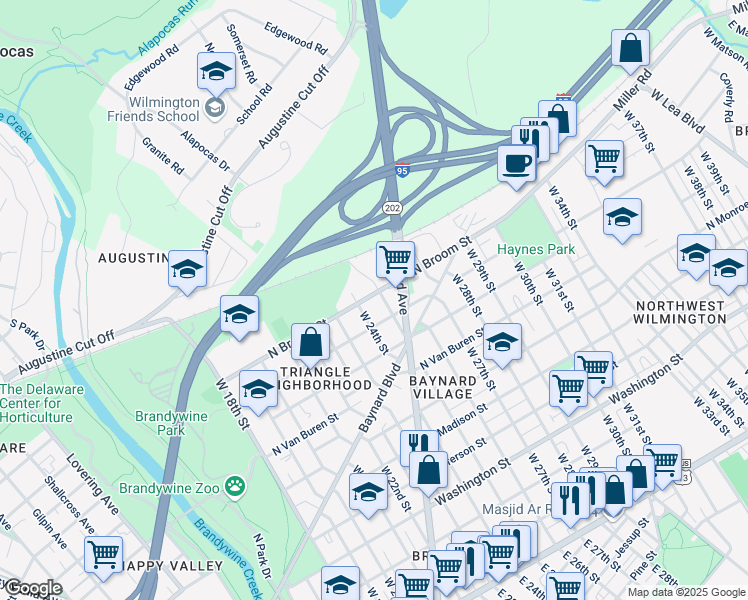 map of restaurants, bars, coffee shops, grocery stores, and more near 2410 North Broom Street in Wilmington