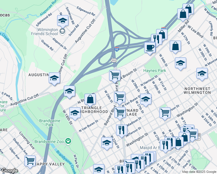 map of restaurants, bars, coffee shops, grocery stores, and more near 2410 North Broom Street in Wilmington
