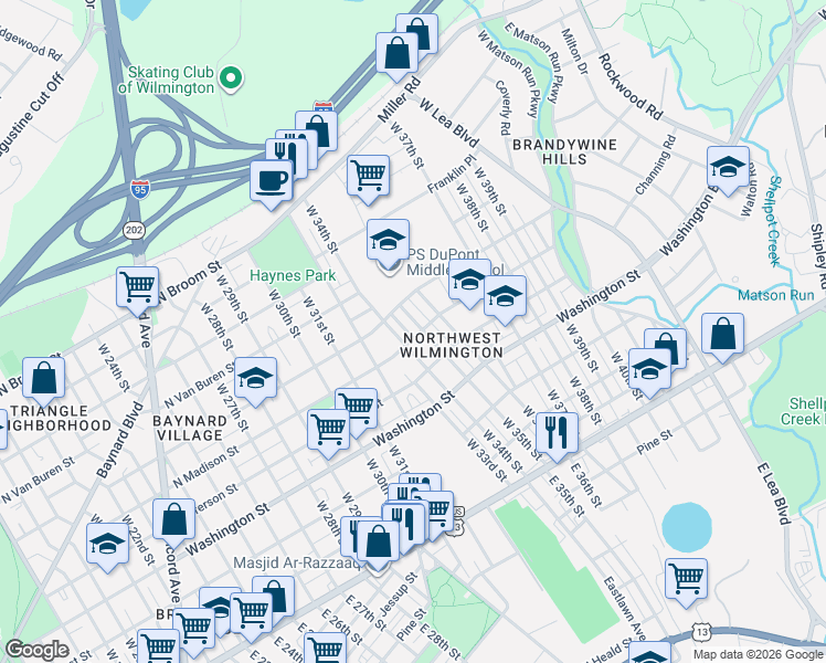 map of restaurants, bars, coffee shops, grocery stores, and more near 3310 North Madison Street in Wilmington