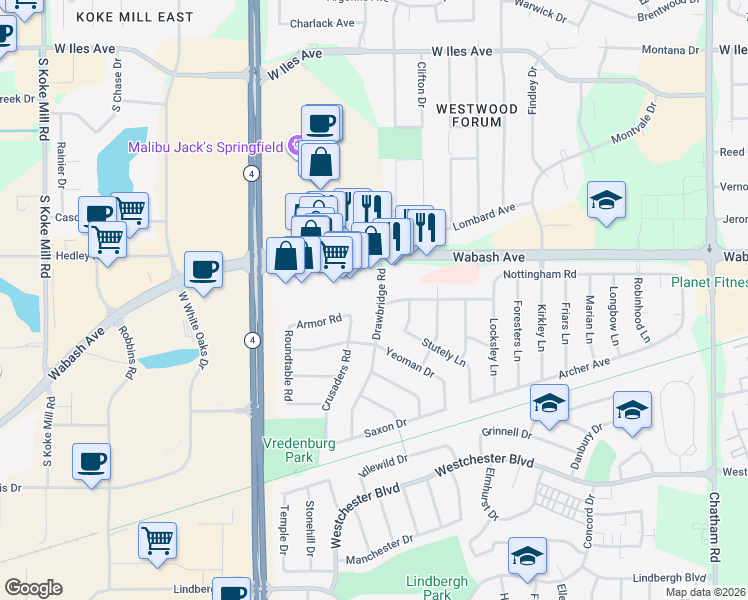 map of restaurants, bars, coffee shops, grocery stores, and more near 33 Drawbridge Road in Springfield