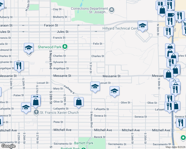 map of restaurants, bars, coffee shops, grocery stores, and more near 3022 Messanie Street in Saint Joseph