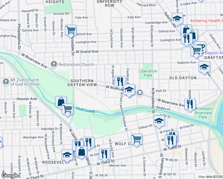 map of restaurants, bars, coffee shops, grocery stores, and more near 1708 West Riverview Avenue in Dayton