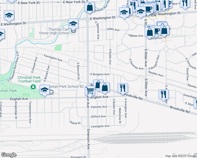 map of restaurants, bars, coffee shops, grocery stores, and more near 369 South Grand Avenue in Indianapolis