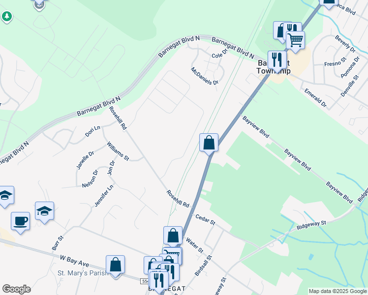 map of restaurants, bars, coffee shops, grocery stores, and more near 290 Hawthorne Lane in Barnegat Township
