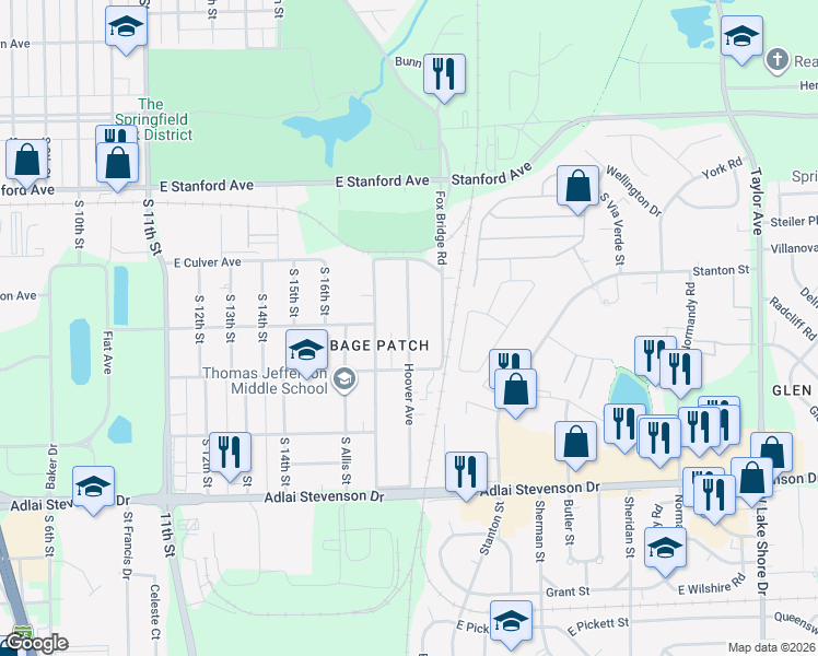 map of restaurants, bars, coffee shops, grocery stores, and more near 2913 Hoover Avenue in Springfield