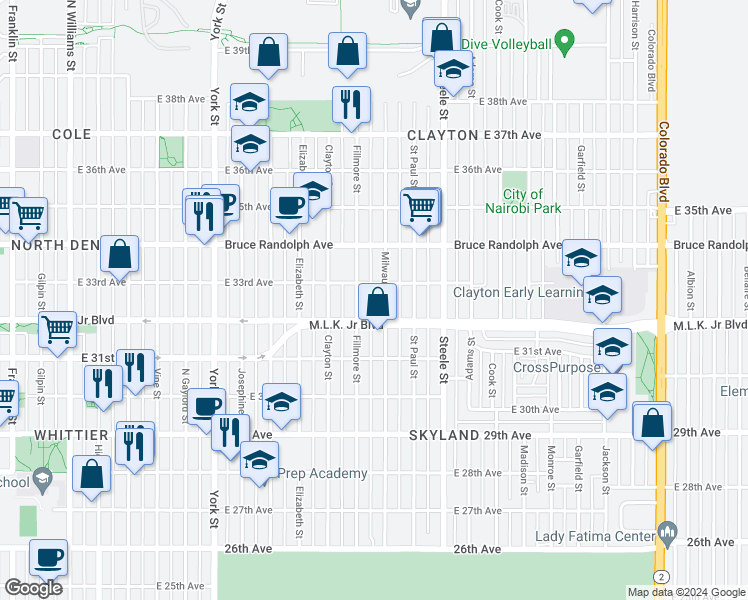 map of restaurants, bars, coffee shops, grocery stores, and more near 3239 Milwaukee Street in Denver