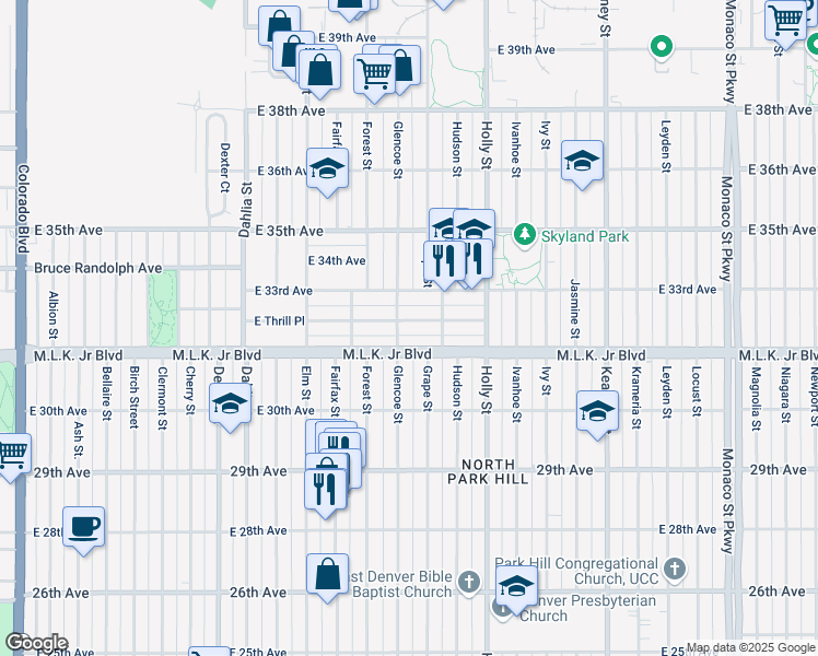 map of restaurants, bars, coffee shops, grocery stores, and more near 5329 Martin Luther King Junior Boulevard in Denver