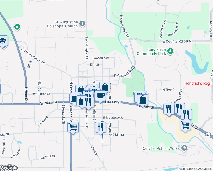 map of restaurants, bars, coffee shops, grocery stores, and more near 95 North Tennessee Street in Danville