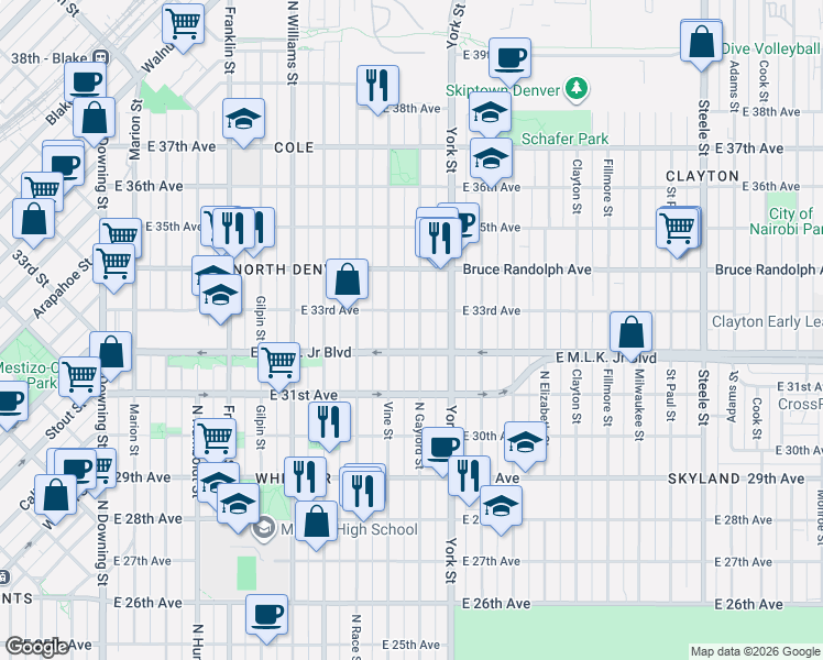 map of restaurants, bars, coffee shops, grocery stores, and more near 3158 North Gaylord Street in Denver
