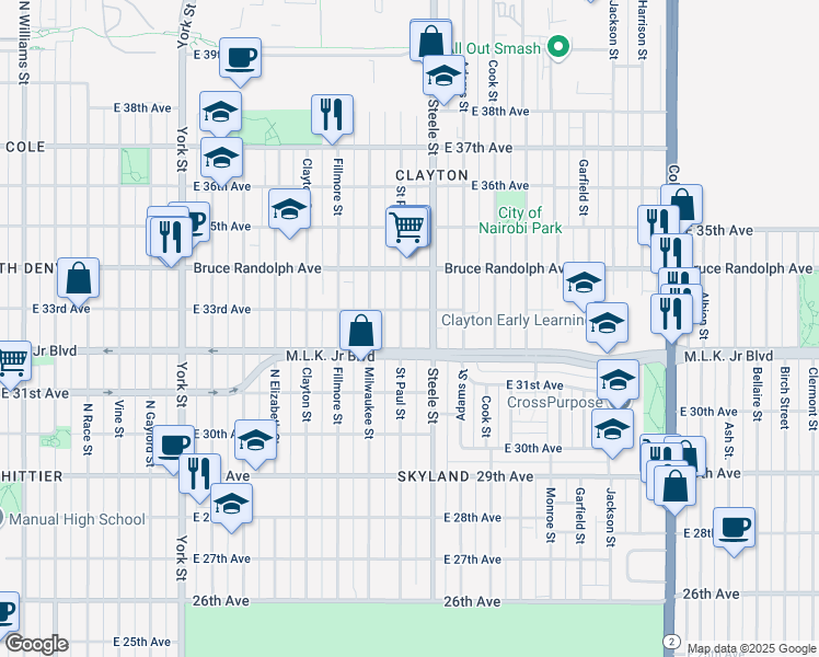 map of restaurants, bars, coffee shops, grocery stores, and more near in Denver