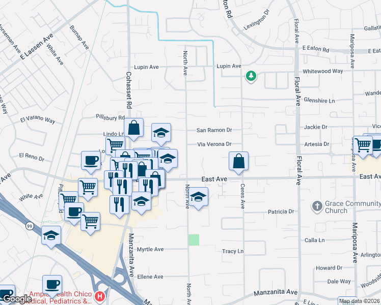 map of restaurants, bars, coffee shops, grocery stores, and more near 2560 North Avenue in Chico