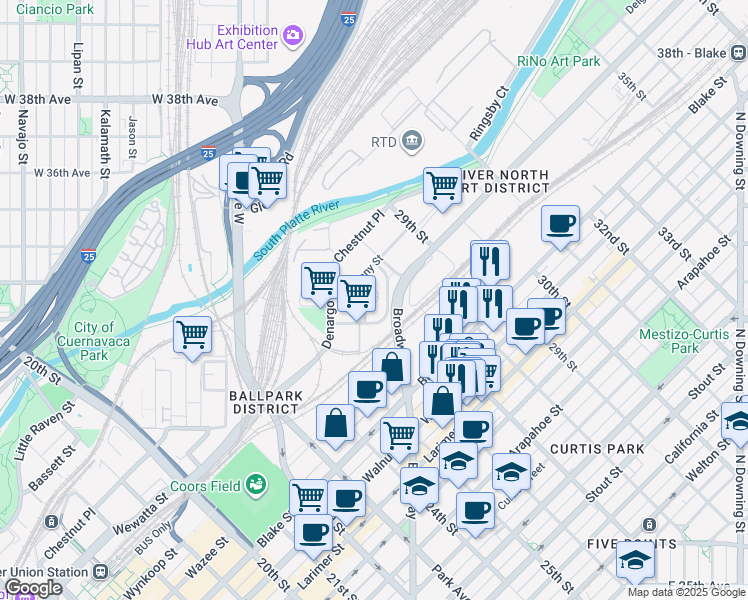 map of restaurants, bars, coffee shops, grocery stores, and more near 2797 Wewatta Way in Denver