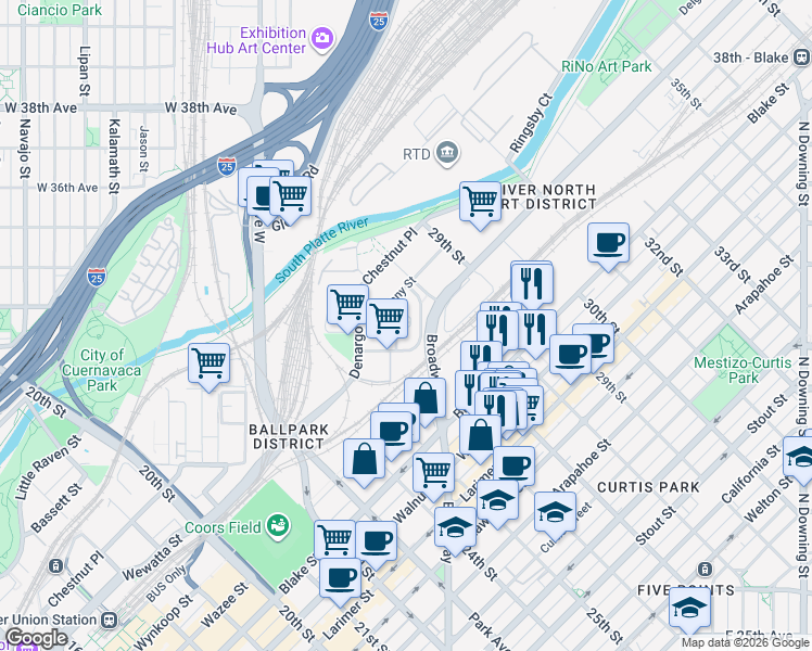 map of restaurants, bars, coffee shops, grocery stores, and more near 2901 Broadway in Denver