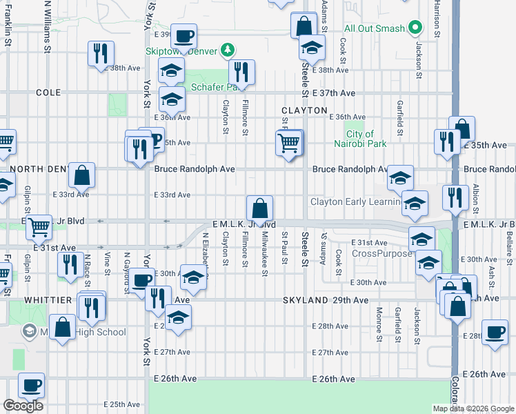 map of restaurants, bars, coffee shops, grocery stores, and more near 3200 Fillmore Street in Denver