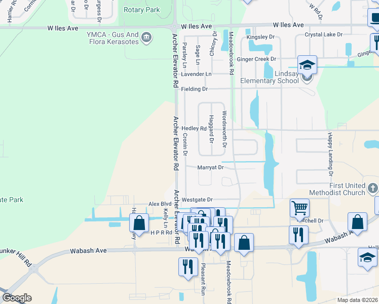 map of restaurants, bars, coffee shops, grocery stores, and more near 2822 Cronin Drive in Springfield