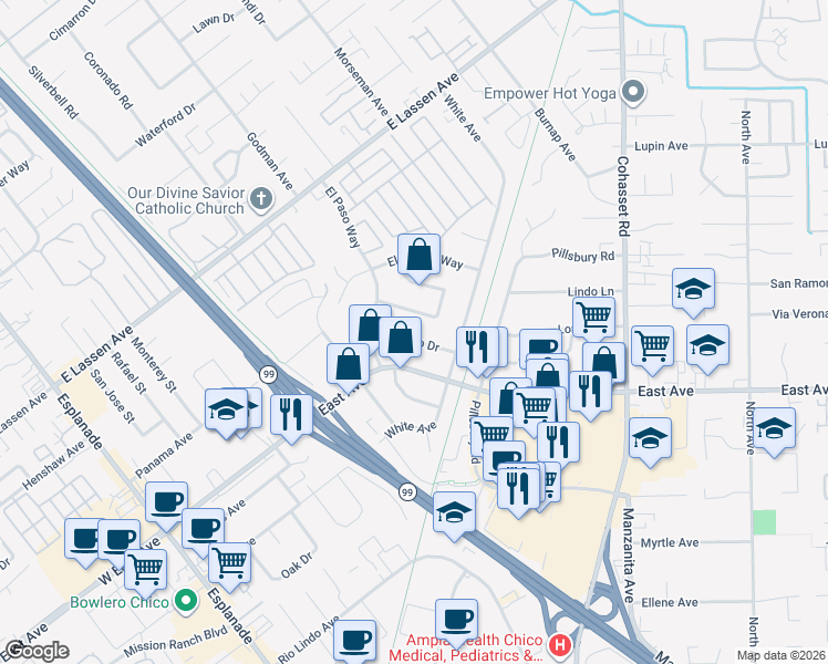 map of restaurants, bars, coffee shops, grocery stores, and more near 587 El Reno Drive in Chico