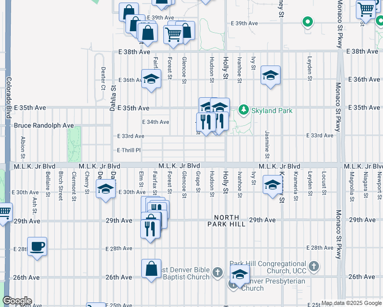 map of restaurants, bars, coffee shops, grocery stores, and more near 5329 Martin Luther King Junior Boulevard in Denver