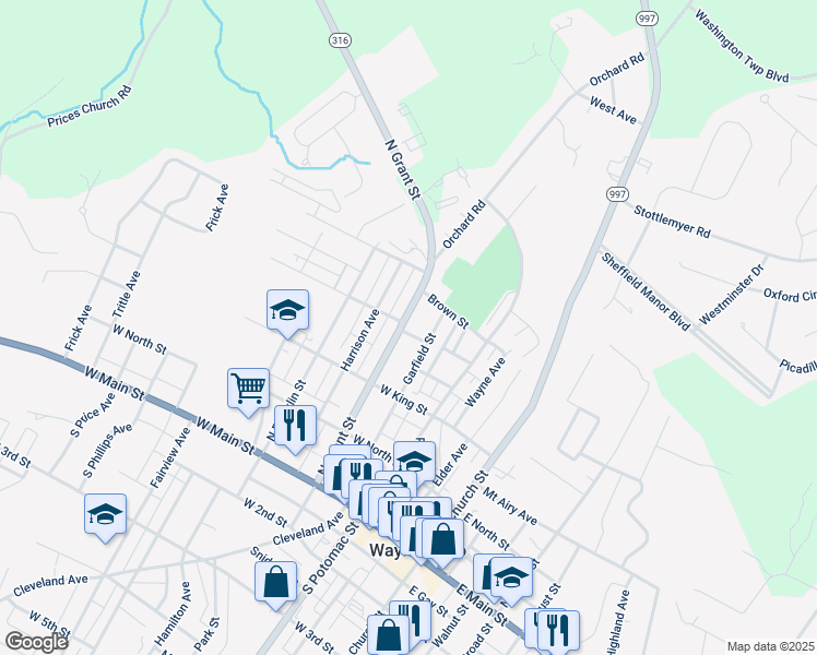 map of restaurants, bars, coffee shops, grocery stores, and more near 301 North Grant Street in Waynesboro