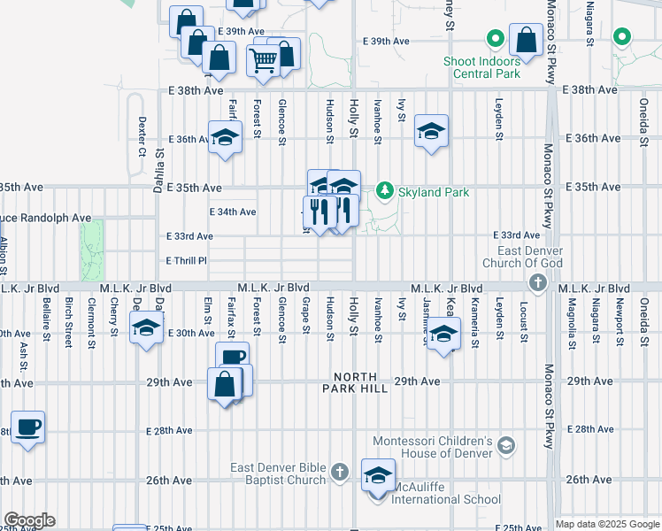 map of restaurants, bars, coffee shops, grocery stores, and more near 5511 Martin Luther King Junior Boulevard in Denver
