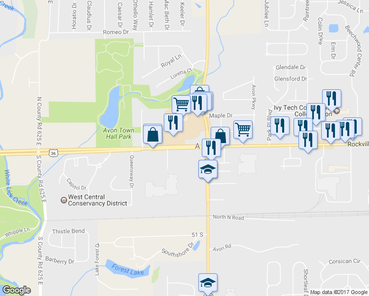 map of restaurants, bars, coffee shops, grocery stores, and more near 6911 U.S. 36 in Avon
