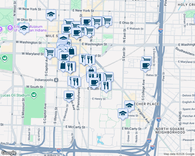 map of restaurants, bars, coffee shops, grocery stores, and more near 229 South Delaware Street in Indianapolis