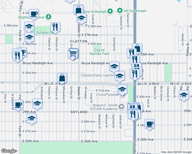 map of restaurants, bars, coffee shops, grocery stores, and more near 3236 Cook Street in Denver