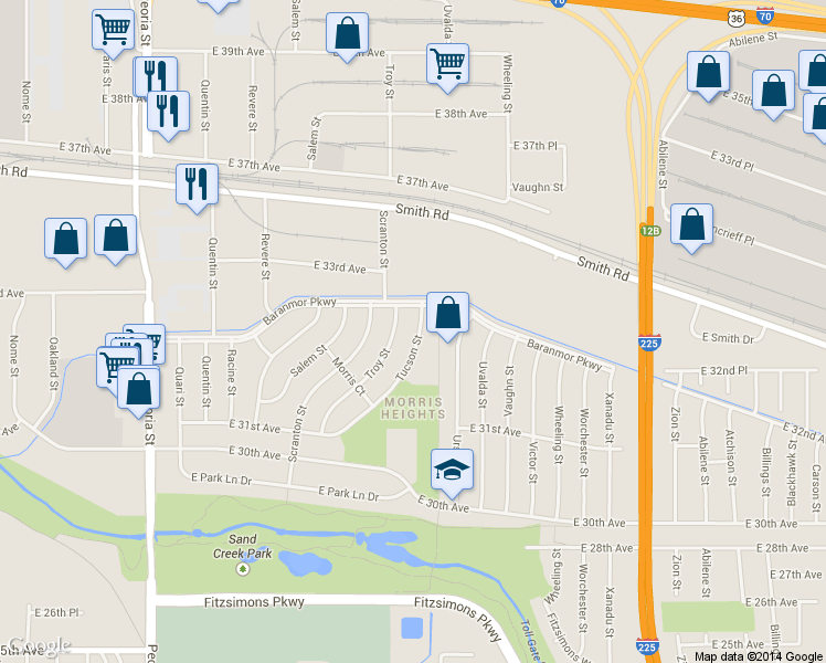 map of restaurants, bars, coffee shops, grocery stores, and more near 3260 Tucson Street in Aurora