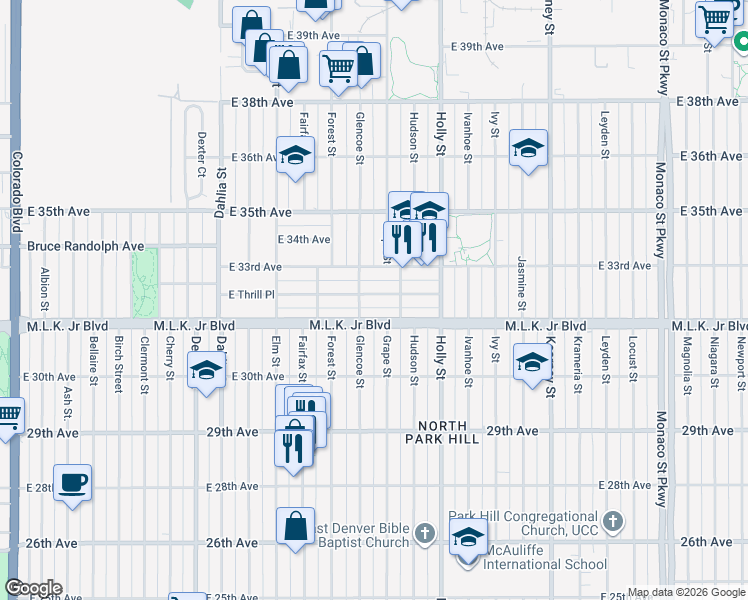 map of restaurants, bars, coffee shops, grocery stores, and more near 5329 Martin Luther King Junior Boulevard in Denver