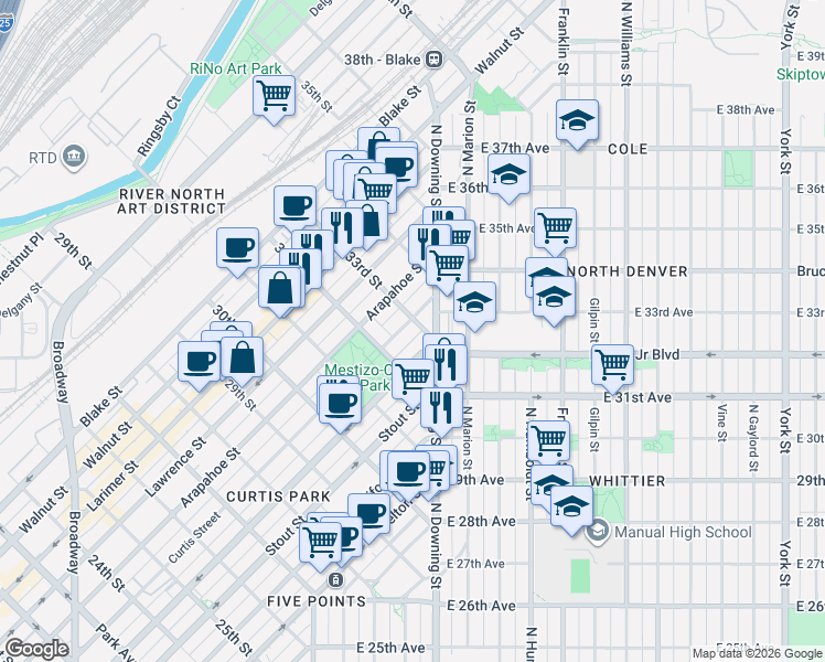 map of restaurants, bars, coffee shops, grocery stores, and more near 3215 Champa Street in Denver