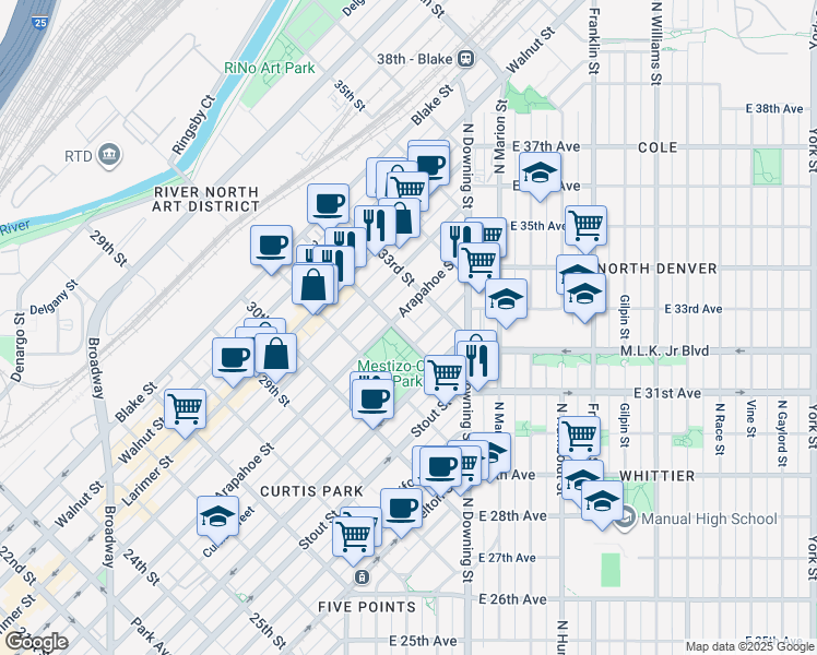 map of restaurants, bars, coffee shops, grocery stores, and more near 1021 30th Street in Denver