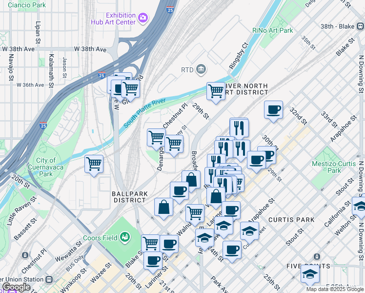 map of restaurants, bars, coffee shops, grocery stores, and more near 2901 Broadway in Denver