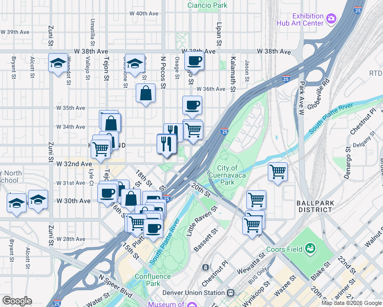 map of restaurants, bars, coffee shops, grocery stores, and more near 3203 Navajo Street in Denver